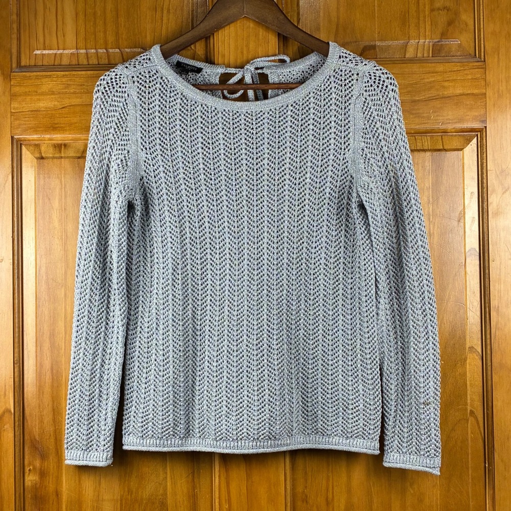 Talbots Petite P Silver Metallic Shimmer Open Knit Pointelle Sweater Tie Back